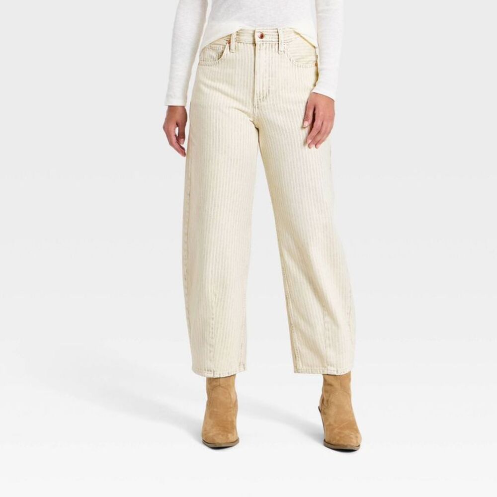 Women's High-Rise Striped Barrel Jeans - Universal Thread White 12 Short